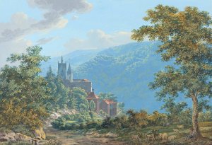 A Fortress in a Mountain Landscape at Sunrise by Jakob Wilhelm Huber Oil Painting