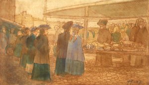 Market Square Scene by Jalmari Ruokokoski Oil Painting