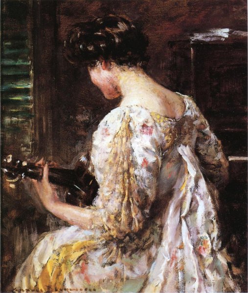 Woman with Guitar by James Carroll Beckwith - Hand-Painted Oil Painting Reproduction