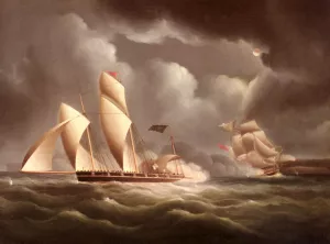 A British Frigate Attacking A Pirate Lugger At Night painting by James E Buttersworth