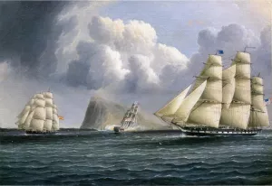 American Frigate off Gibralter Flying a Commodore's Pennant by James E Buttersworth Oil Painting