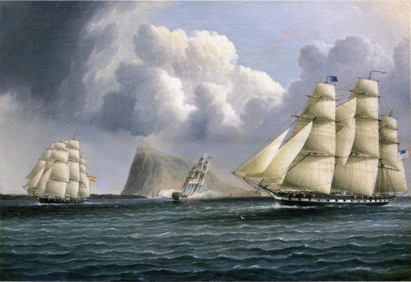 Main Product Photo of American Frigate off Gibralter Flying a Commodore's Pennant Painting by James E Buttersworth