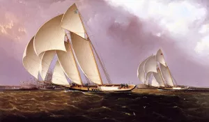 America's Cup Class Yachts Racing in New York Harbor painting by James E Buttersworth