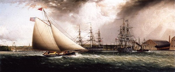 Chapman Dock and Old Brooklyn Navy Yard, East River, New York by James E Buttersworth - Hand-Painted Oil Painting Reproduction