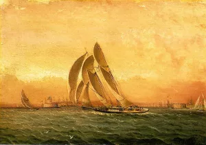 In Full Sail, New York Harbor by James E Buttersworth Oil Painting