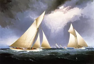 Mayflower Leading Puritan, America's Cup Trial Race, 1886 painting by James E Buttersworth