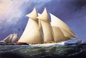 New York Yacht Club Schooner 'Columbia' Leading New York Yacht Club Schooner 'Dauntless' Rounding Sandy Hook Lightship in the Hurricane Cup Race painting by James E Buttersworth