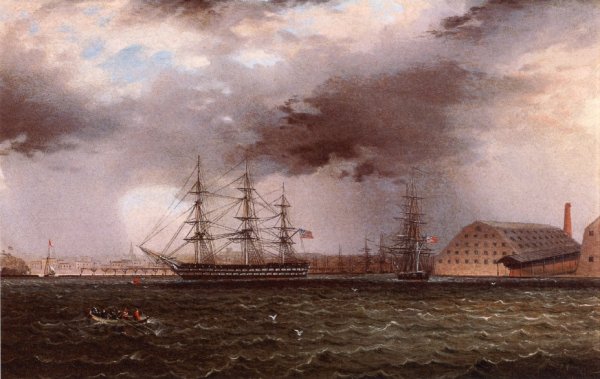 Old Brooklyn Navy Yard, East River, New York by James E Buttersworth - Hand-Painted Oil Painting Reproduction