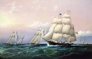 Racing Off Sandy Hook by James E Buttersworth Oil Painting