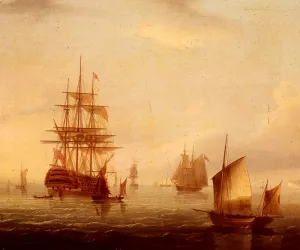 Sailing Vessels off a Coastline by James E Buttersworth Oil Painting