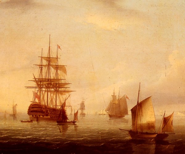 Sailing Vessels off a Coastline by James E Buttersworth - Hand-Painted Oil Painting Reproduction