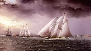 Schooner Race in New York Harbor by James E Buttersworth Oil Painting