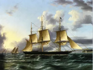 The American Clipper Architect Off a Coast with Pilot Boat a Regatta and Other Shipping in the Distance painting by James E Buttersworth