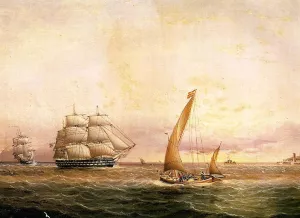 Two American Naval Vessels Entering Harbor by James E Buttersworth Oil Painting