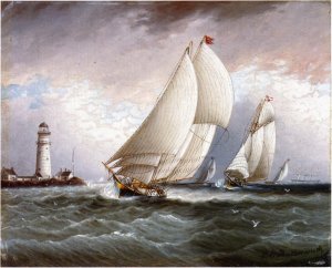 Yacht Race near Lighthouse by James E Buttersworth Oil Painting