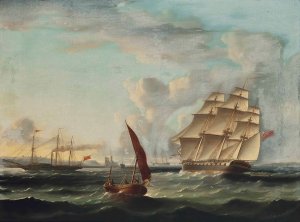 Frigate Approaching The Mouth Of The Tagus With A Paddle Steamer Passing The Belem Tower, Lisbon by James Edward Buttersworth Oil Painting