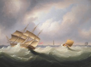 Frigate Off A Lighthouse by James Edward Buttersworth Oil Painting