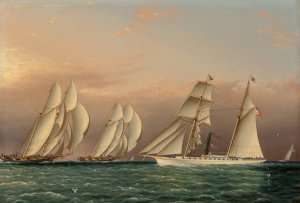 The Yacht EMILY of the New York Yacht Club Observing a Stakes Race between the Schooners DREADNOUGHT and COLUMBIA by James Edward Buttersworth Oil Painting