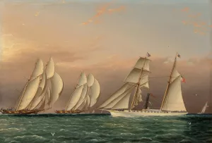 The Yacht EMILY of the New York Yacht Club Observing a Stakes Race between the Schooners DREADNOUGHT and COLUMBIA Oil painting by James Edward Buttersworth