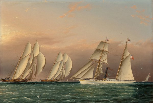 The Yacht EMILY of the New York Yacht Club Observing a Stakes Race between the Schooners DREADNOUGHT and COLUMBIA  by James Edward Buttersworth - Hand-Painted Oil Painting Reproduction