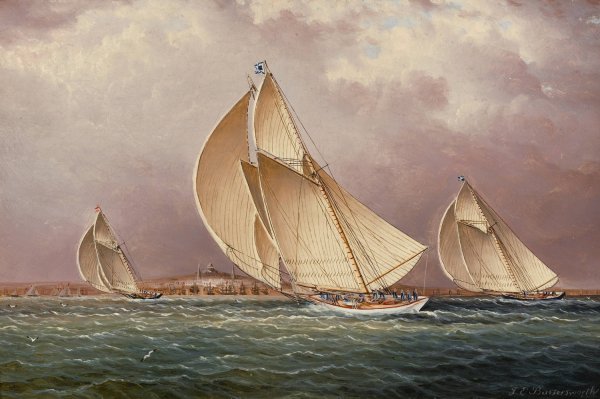 Yachting in Boston Harbor by James Edward Buttersworth - Hand-Painted Oil Painting Reproduction