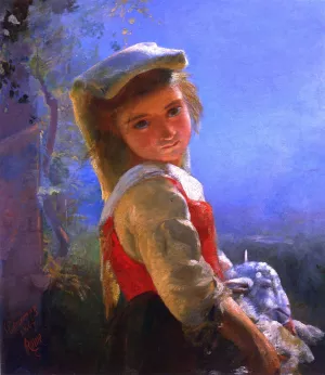 Young Girl with Lamb by James Edward Freeman Oil Painting