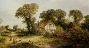 Children by a Country Cottage by James Edwin Meadows - Oil Painting Reproduction