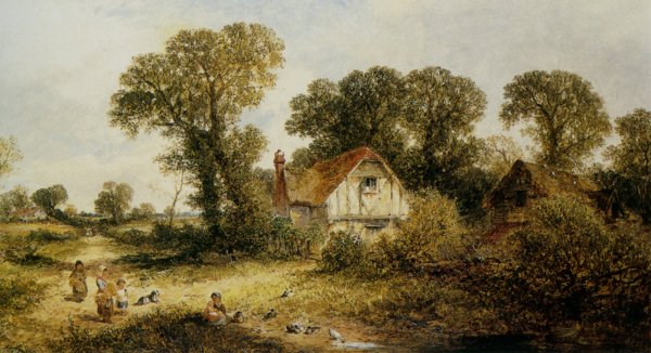 Main Product Photo of Children by a Country Cottage Painting by James Edwin Meadows