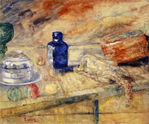 Blue Bottles And Chicken by James Ensor Oil Painting