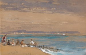 Beach Scene with Figures by a Breakwater by James Holland Oil Painting