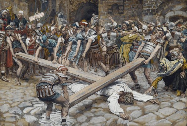 Main Product Photo of Simon the Cyrenian Compelled to Carry the Cross with Jesus  Painting by James Tissot