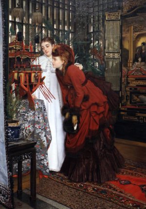 Young woman looking at Japanese items by James Tissot Oil Painting
