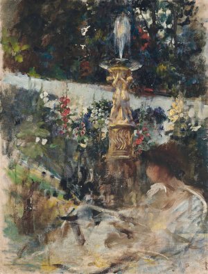 Reading by the fountain by James Jebusa Shannon Oil Painting