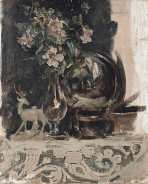 Still life of flowers, a statue and a globe on a mantelpiece by James Jebusa Shannon Oil Painting