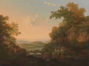A River Scene with Thatched Huts by a Bridge over a Weir by James Lambert Of Lewes Oil Painting