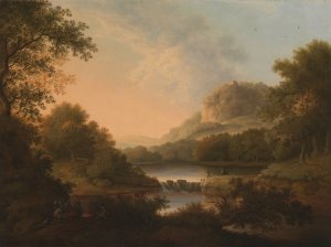 Figures with a Donkey and Dog Crossing a Weir by James Lambert Of Lewes Oil Painting