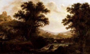 An Italianate Landscape With Drovers Crossing A Bridge And Figures By A Camp Fire