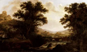 An Italianate Landscape With Drovers Crossing A Bridge And Figures By A Camp Fire painting by James Lambert