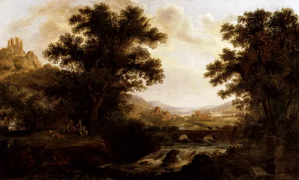J R Lambert Artist An Italianate Landscape With Drovers Crossing A Bridge And Figures By A ...