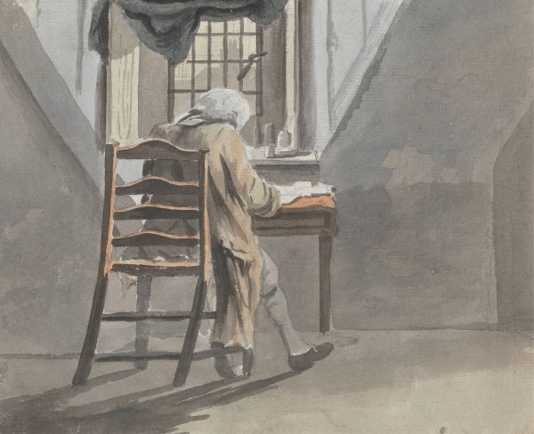 Main Product Photo of Back View of a Seated Man in an Attic Painting by James Miller