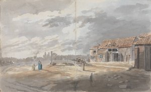 Outbuildings with figures by James Miller Oil Painting