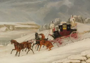 The London-Glasgow Royal Mail Coach Descending A Hill In A Snowstorm by James Pollard Oil Painting