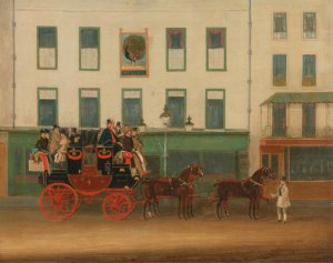 The London-Manchester Stage Coach, 'the Peveril of the Peak', outside the Peacock Inn, Islington by James Pollard Oil Painting
