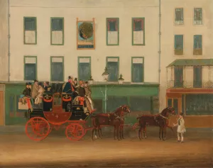 The London-Manchester Stage Coach, 'the Peveril of the Peak', outside the Peacock Inn, Islington by James Pollard Oil Painting