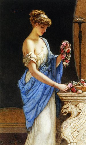 A Girl in Classical Dress Arranging a Garland of Flowers