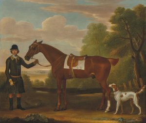 Lord Portmore's 'Snap', a saddled chestnut hunter held by a groom, with a setter in a landscape by James Seymour Oil Painting