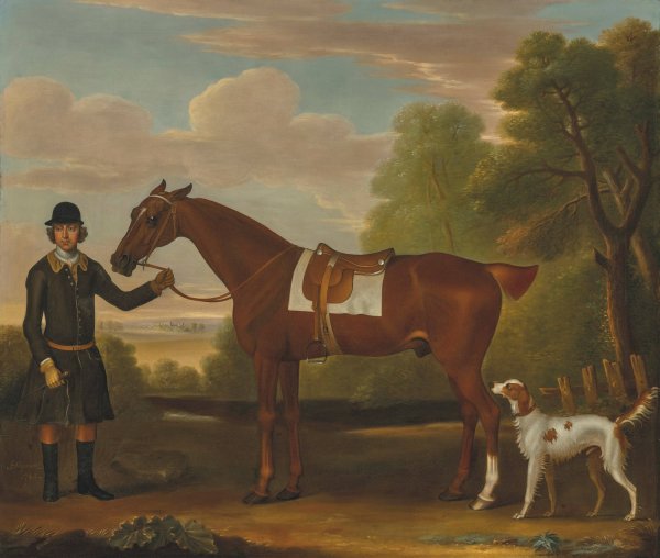 Main Product Photo of Lord Portmore's 'Snap', a saddled chestnut hunter held by a groom, with a setter in a landscape  Painting by James Seymour