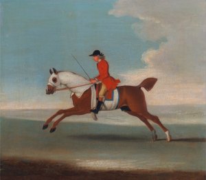One of Four Portraits of Horses, a Chestnut Racehorse Exercised by a Trainer in a Red Coat- gallopi by James Seymour Oil Painting