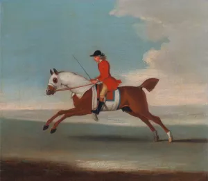 One of Four Portraits of Horses, a Chestnut Racehorse Exercised by a Trainer in a Red Coat- gallopi by James Seymour Oil Painting