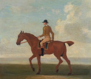 One of Four Portraits of Horses, a Chestnut Racehorse with Jockey Up- walking to the left; jockey by James Seymour Oil Painting